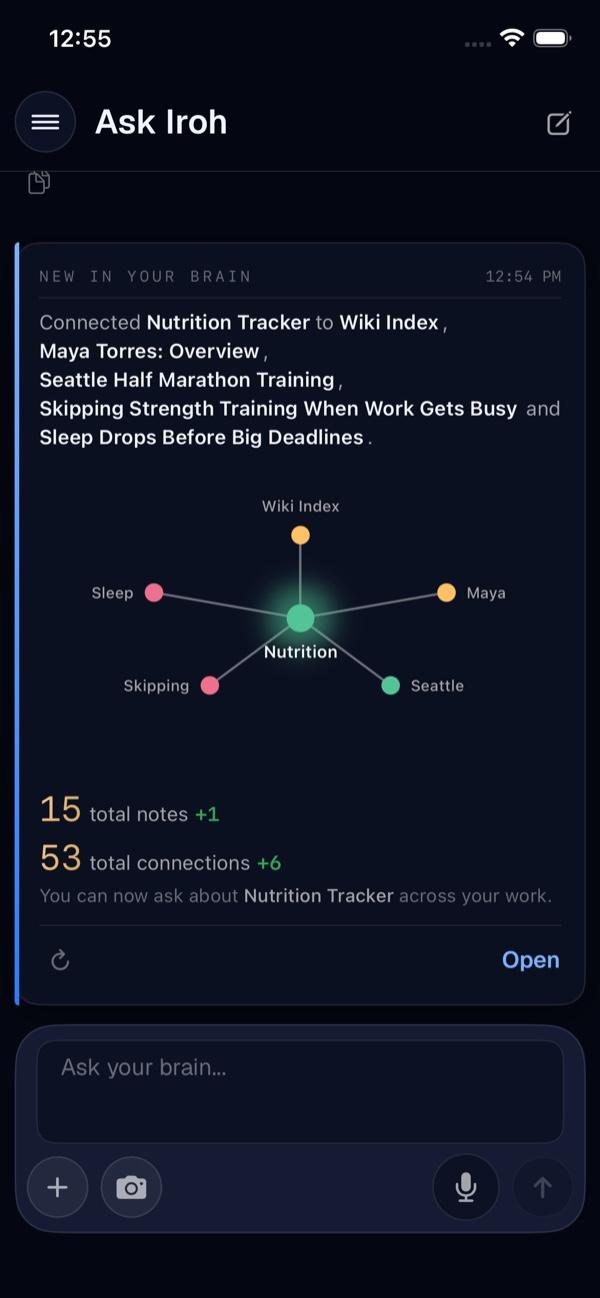 Iroh showing a new page just added to your brain, wired into a small constellation of related pages, with a running count of notes and connections.