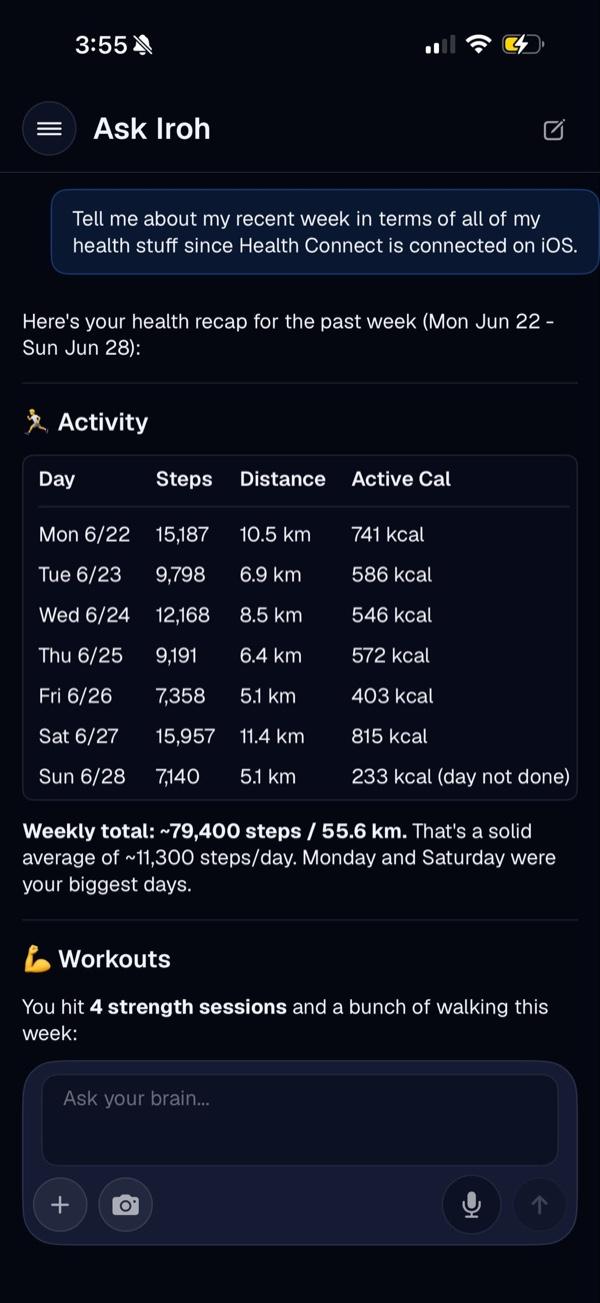 Iroh recapping your week from connected health data: a day-by-day table of steps, distance, and active calories with a plain-language summary.